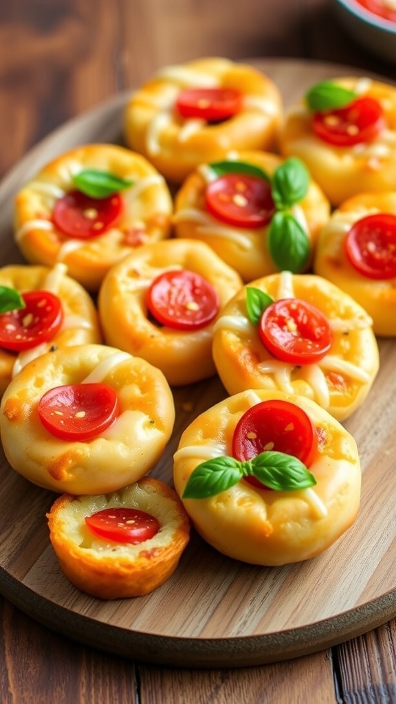 A platter of cheesy bagel bites topped with pepperoni and basil on a wooden table.